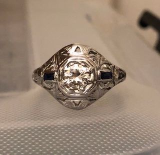Antique Art Deco 18k White Gold Diamond & Sapphire Ring Size 6.  5