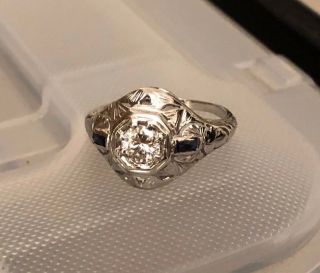 Antique Art Deco 18K White Gold Diamond & Sapphire Ring Size 6.  5 2