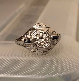 Antique Art Deco 18K White Gold Diamond & Sapphire Ring Size 6.  5 3