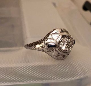 Antique Art Deco 18K White Gold Diamond & Sapphire Ring Size 6.  5 4