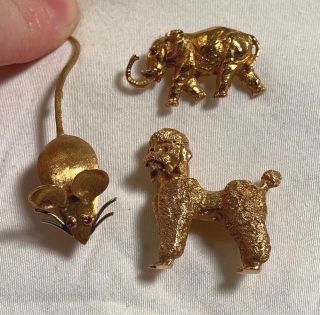 Three Vintage Gold Animal Pins Elephant (14k) Mouse (18k) Poodle (14k)