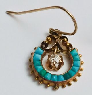 Vintage Antique Victorian 14K Yellow Gold Diamond Turquoise Drop Dangle Earrings 10