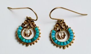 Vintage Antique Victorian 14K Yellow Gold Diamond Turquoise Drop Dangle Earrings 11