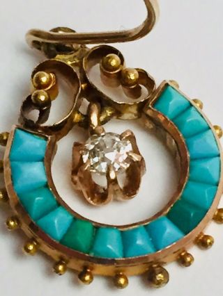 Vintage Antique Victorian 14k Yellow Gold Diamond Turquoise Drop Dangle Earrings