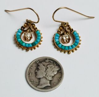 Vintage Antique Victorian 14K Yellow Gold Diamond Turquoise Drop Dangle Earrings 4