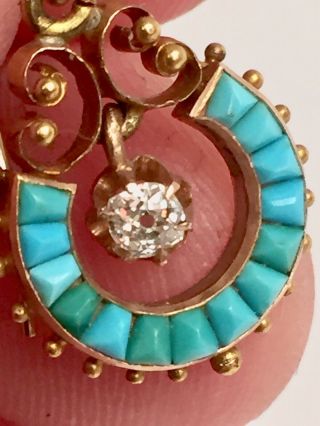 Vintage Antique Victorian 14K Yellow Gold Diamond Turquoise Drop Dangle Earrings 6
