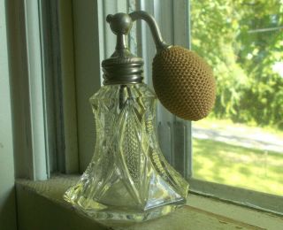 1890s Diamond Hobnail Pressed Pattern Glass Perfume Bottle With Atomizer Top