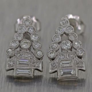 1930s Antique Art Deco 14k White Gold.  80ctw Diamond 15mm Drop Dangle Earrings