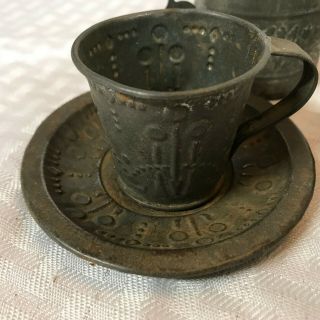 Antique Primitive Children ' s Toy Play Pressed Tin ABC Plate Cup Pan Hand Made 3
