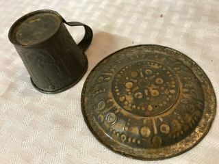 Antique Primitive Children ' s Toy Play Pressed Tin ABC Plate Cup Pan Hand Made 4