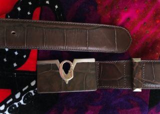 GIANNI VERSACE crocodile embossed brown leather belt w/ GV logo 38 from 1997 2