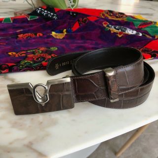 GIANNI VERSACE crocodile embossed brown leather belt w/ GV logo 38 from 1997 3