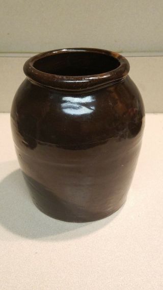 Antique Vintage Stoneware 6 3/4 " Glazed Dark Brown Pottery Crock Jar