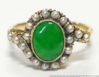 Stunning Color Green Natural Jadeite Jade Seed Pearl Ring 18k Gold Antique Sz6.  5