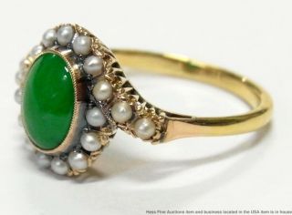 Stunning Color Green Natural Jadeite Jade Seed Pearl Ring 18k Gold Antique Sz6.  5 2