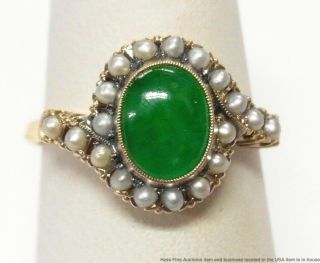 Stunning Color Green Natural Jadeite Jade Seed Pearl Ring 18k Gold Antique Sz6.  5 3