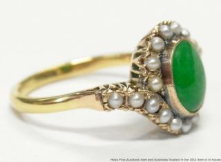 Stunning Color Green Natural Jadeite Jade Seed Pearl Ring 18k Gold Antique Sz6.  5 4