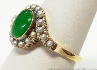 Stunning Color Green Natural Jadeite Jade Seed Pearl Ring 18k Gold Antique Sz6.  5 7