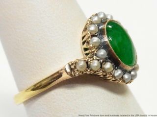 Stunning Color Green Natural Jadeite Jade Seed Pearl Ring 18k Gold Antique Sz6.  5 8