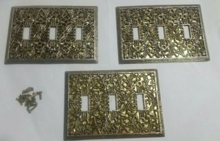 3 Mid Century Vintage Regency Brass Metal Ornate Decorative Switch Plate Covers