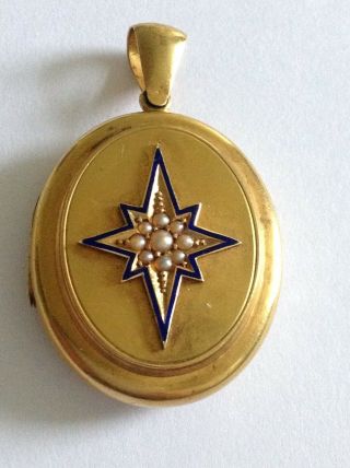 Victorian 15ct Gold Oval Locket Blue Enamel Seed Pearl Star - 17 Grammes