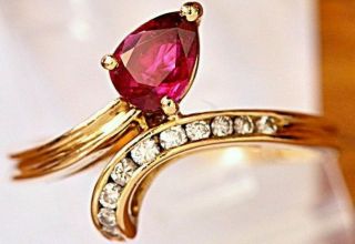 Pear Shape Ruby And Diamond Ring In 18k Gold Make Offer