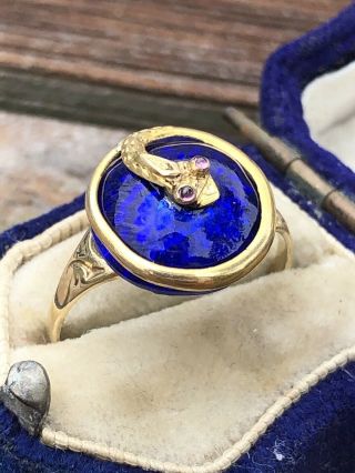 Antique Victorian Yellow Gold Coiled Snake Blue Enamel Amethyst Eye Ring Band