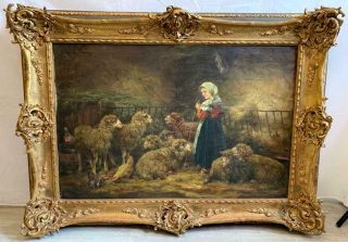 Antique Baroque Oil Painting On Canvas With Frame " The Little Shepherdess " 1800