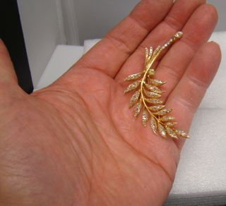 Stunning Large 14K Yellow Gold Feather Brooch Pin With 1800s Rose Cut Diamonds 11