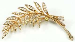 Stunning Large 14k Yellow Gold Feather Brooch Pin With 1800s Rose Cut Diamonds