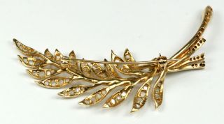 Stunning Large 14K Yellow Gold Feather Brooch Pin With 1800s Rose Cut Diamonds 3