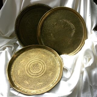 A Set Of Three Large Vintage Indian And Islamic Brass Trays