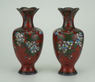 Pair Antique Japanese Cloisonne Vases Meiji 19th C