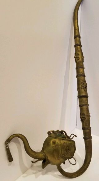 Vintage Antique Brass Asia / India Smoking Pipe with Decorative Elephant Head 2