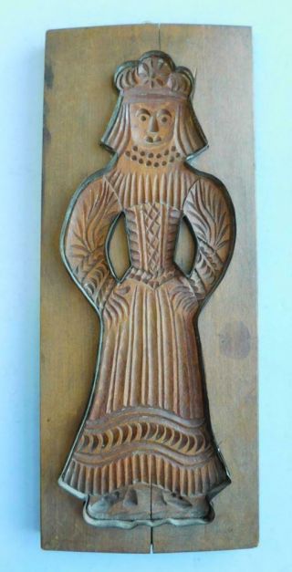 Lge Vintage Carved Wood Mould Springerle Biscuit Metal Trim German Folk Art