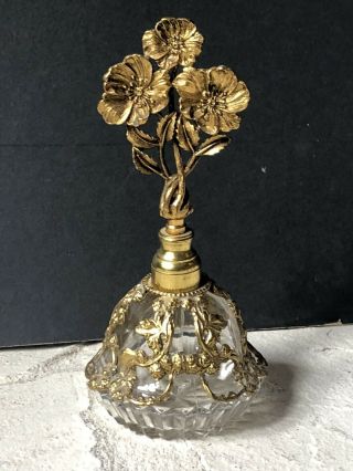 Vintage Gold Gilt Ormolu Flower Glass Perfume Bottle Holder Antique Dogwood