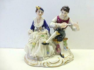 Antique Vintage Dresden Germany Lace Lady Guitar Player Group Figurine 5 "