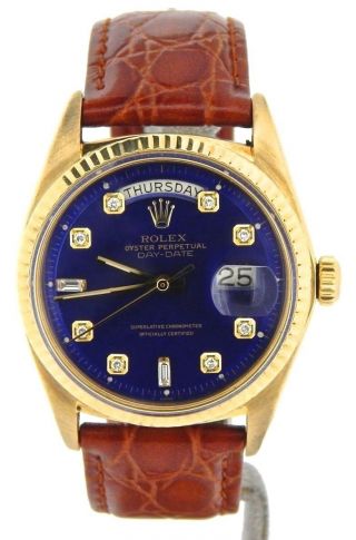 Mens Rolex Day - Date President 18k Yellow Gold Watch Blue Diamond Dial Brown 1803