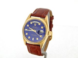 Mens Rolex Day - Date President 18K Yellow Gold Watch Blue Diamond Dial Brown 1803 2
