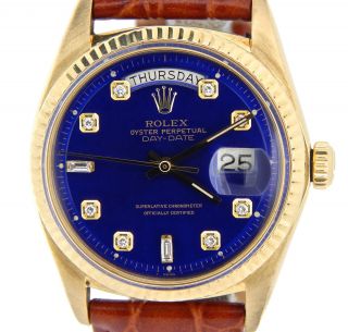 Mens Rolex Day - Date President 18K Yellow Gold Watch Blue Diamond Dial Brown 1803 4