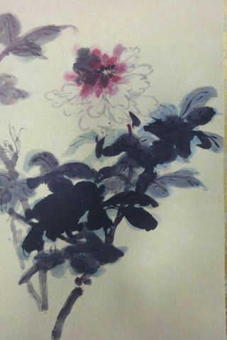 Rare Old Large Chinese Paper Painting Purple Flowers 
