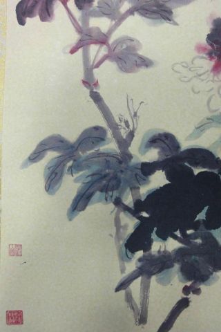 Rare Old Large Chinese Paper Painting Purple Flowers 