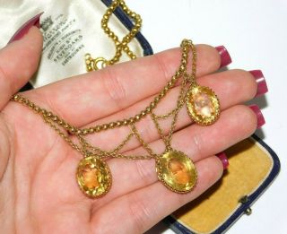 Antique Victorian Solid 9ct Gold,  Citrine Triple Drop Festoon Necklace 18g
