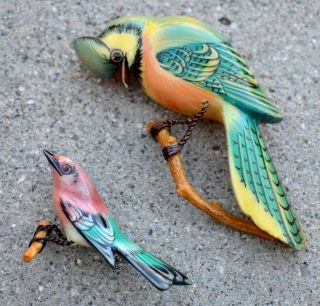 Rare Pair Vintage Takahashi Bird Pin Parakeet Hand Painted Carved Wood