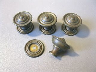 4 Antique Solid Brass Drawer Pulls / Knobs With Brass Back Plates - W/ Screws