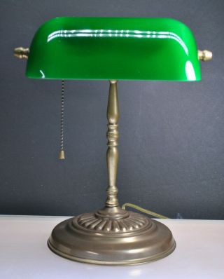 Vintage Mid Century Brass Bankers Lamp Green Shade