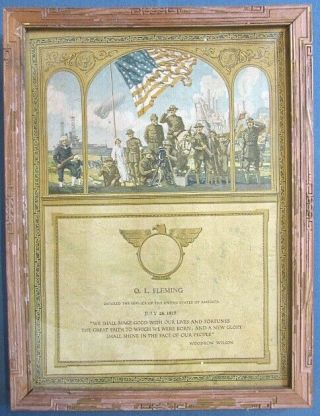 Rare Pre - Wwi (1917) Us Military Enlistment Accolade Printed On Canvas & Framed