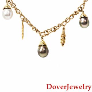 Estate Multi Color Pearl 14k Yellow Gold Leaf Charm Chain Necklace 44.  4 Grams Nr