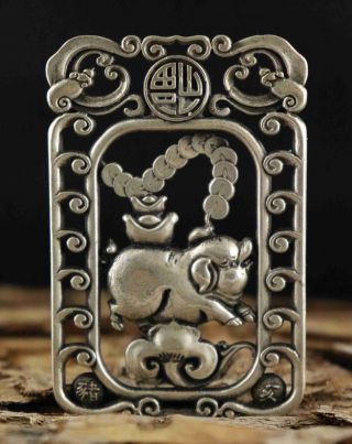 Collect China Old Tibet Silver Hand Carve Pig & Ancient Coin Auspicious Pendant