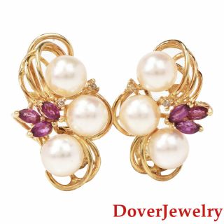 Estate Diamond Ruby Pearl 14k Gold Floral Cluster Stud Earrings 6.  6 Grams Nr